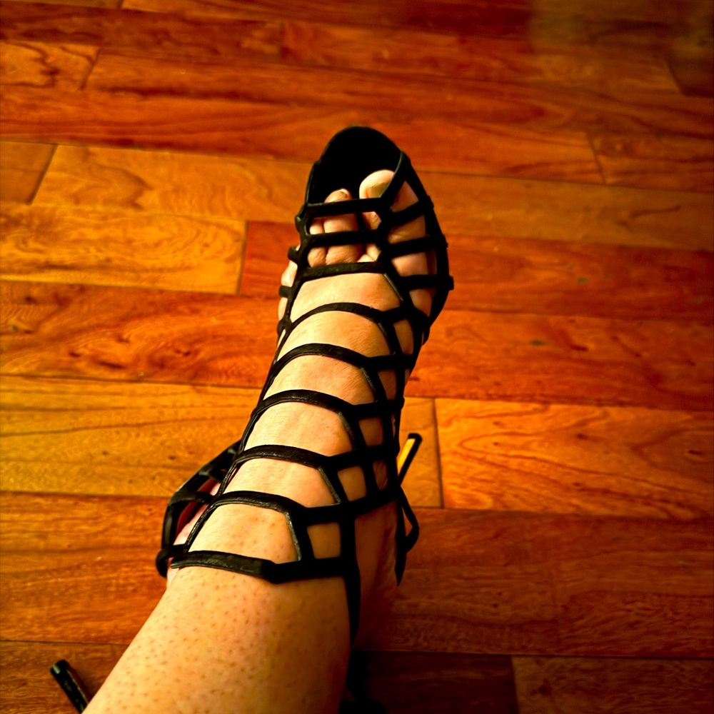 Schutz Juliana Caged Black Suede High Heel Sandal Shoes Size 7